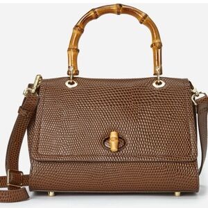 New J. McLaughlin Alison Pebbled Leather Top Crossbody Purse Bamboo Handle